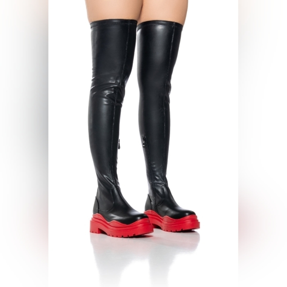 "CALL ME WHEN YOU GET THERE" Stylish Black and Red Over the Knee Boots
